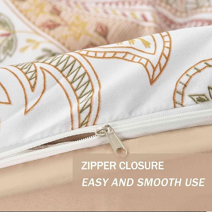 Nanko Paisley Duvet Cover Set Queen Size, Tan Taupe Classy Boho Damask Printed Pattern Bed Set, Soft Microfiber Reversible Comforter Bedding Cover with Zip Ties - Farmhouse for Women Men, 3 Pcs 90 x90
