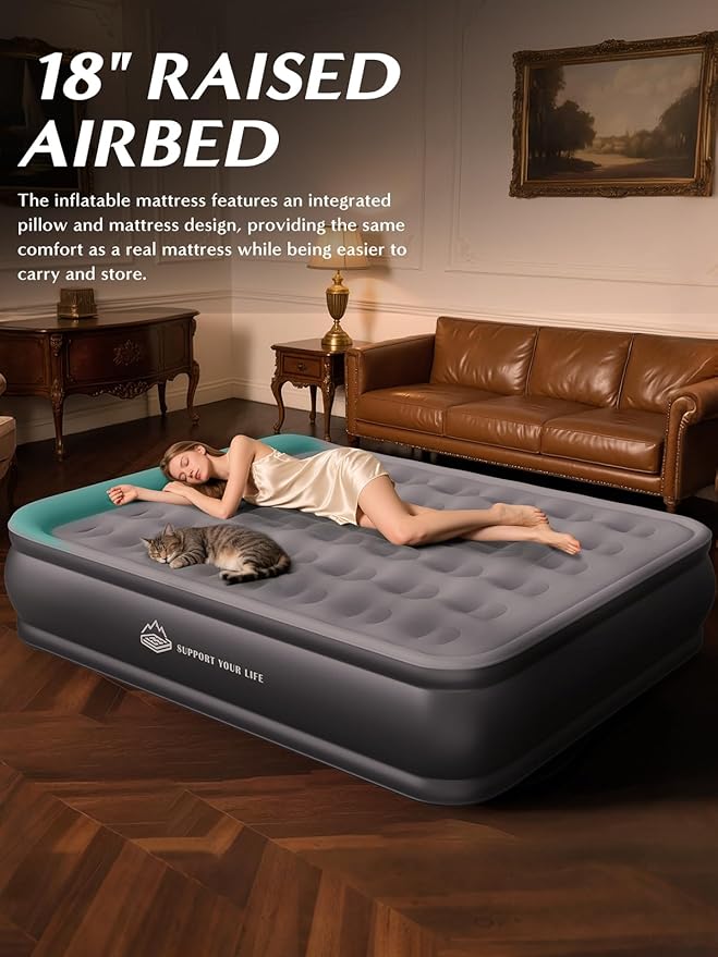 Queen Air Mattress with Built in Pump, 18" Upgraded One-Touch Inflatable Airbed for Home, Camping Guests, Portable Blow Up Mattress, 770lbs Capacity