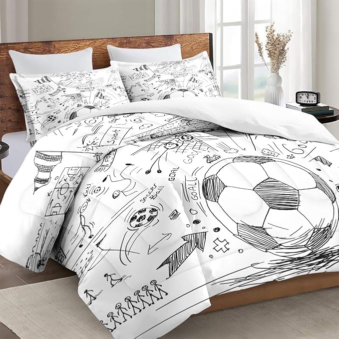 Twin Size Comforter Set with Pillowcase, Game Painting Ball Cup Soccer Soft 2 Pcs Bedding for Kids and Adults Bedroom Bed Decor