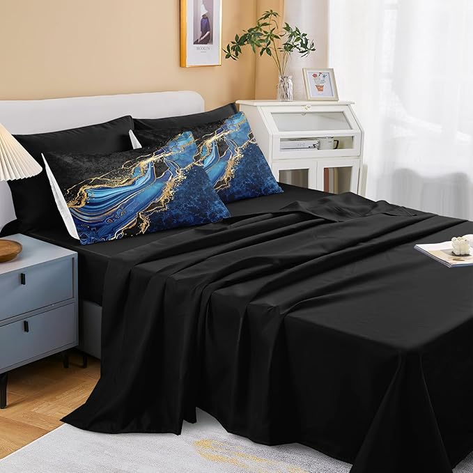 Black Gold Bedding Blue Marble Comforter Set 6 Pieces Twin Bed in a Bag with 1 Black and Blue Comforter, 1Flat Sheet, 1 Fitted Sheet, 2 Pillowcases, 1 Marble Cushion Cover