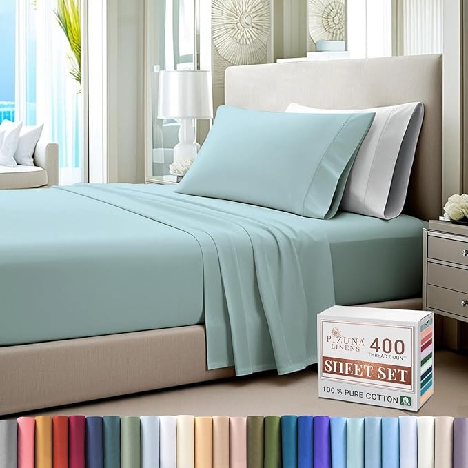 Pizuna Pure 100% Cotton Sheet Set Twin, Luxurious 400 Thread Count Long Staple Cotton Sateen Sheets Twin with 15" Deep Pocket (Baby Blue)