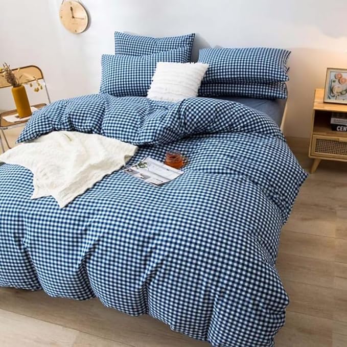 LifeTB Queen Comforter Set Royal Blue Gingham Bedding Comforter Modern Style Blue Grid Plaid Comforter Set 3 Pieces Fluffy Checkered Comforter with 2 Pillowcases Breathable Gingham Bedding Set