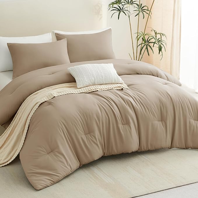 CozyLux Comforter Full Size Set Taupe, 3 Pieces Solid Lightweight Soft Bed Set for All Season, Luxury Breathable Quilted Style Microfiber Down Alternative Bedding Sets (1 Comforter & 2 Pillowcases)