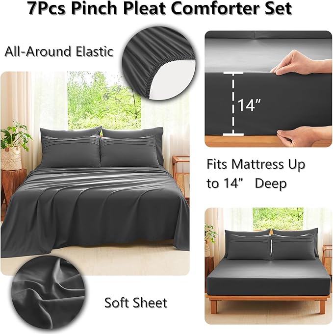 CozyLux King Size Comforter Set Dark Grey, 7 Pieces Soft Pinch Pleat Bed in a Bag King Comforter Set with Sheets, Boho Bed Set with Down Alternative Comforter, Sheets, Pillowcases & Shams