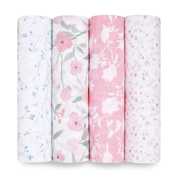 aden + anais Boutique Muslin Swaddle Blanket for Baby Girls and Boys, Newborn Receiving Blanket for Swaddling, 100% Muslin Cotton Swaddle Wrap, 4 Pack, Mon Fleur