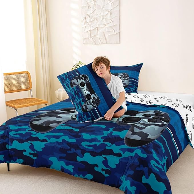 Feelyou Gamer Comforter Set Camouflage Gaming Video Game Bedding Set for Kids Boys Children Blue Camo Gamer Console Comforter Soft Gamepad Decor Quilt Set Twin Size