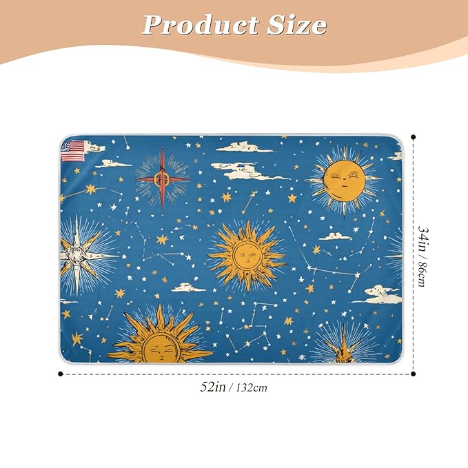 Waterproof Bed Pad Reusable Changing Pad Toddler Mattress Protector Large Pee Pad Baby Diaper Pad Soft Washable Liner Moon Sun Blue