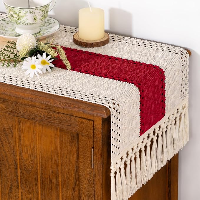 Socomi Boho Table Runner Valentine's Day Farmhouse Rustic Dining Kitchen Centerpiece Decor Small Macrame Woven Cotton Linen Coffee Table Runner for Dresser Scarf Home Decor 12x48 in Red Ivory