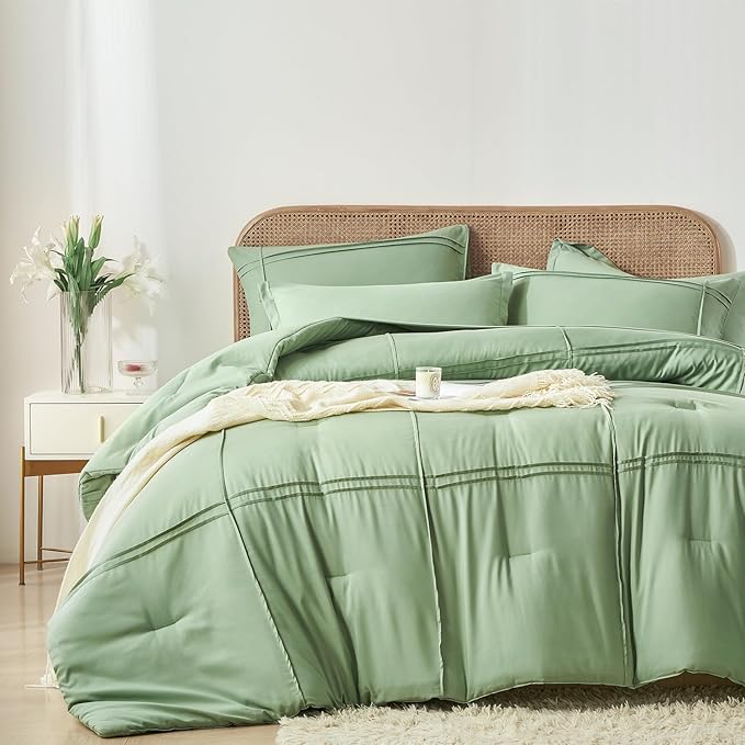 Yogeneg Full Size Comforter Set 7 Piece Bed in a Bag,Grid Pinch Pleat Sage Green Bedding Set,Striped Textured Soft Microfiber Comforter with Sheet Set,All Season Complete Bed Set(Sage Green,Full)