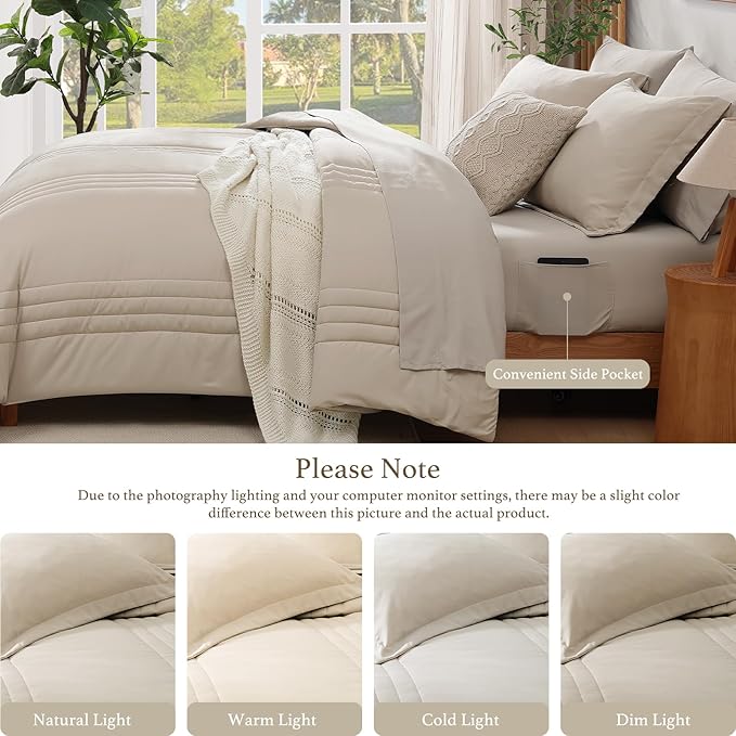 Monbix Oversized Queen Comforter Set - 7 Pieces Apricot Beige Bed in a Bag Oversized Queen Bedding Sets with Comforters, All Seasons Comforter Bed Set with Sheets,Pillowcases & Shams