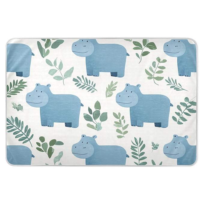 Waterproof Bed Pad Reusable Changing Pad Toddler Mattress Protector Large Pee Pad Baby Diaper Pad Soft Washable Liner Cute Hippo and Green Leaves