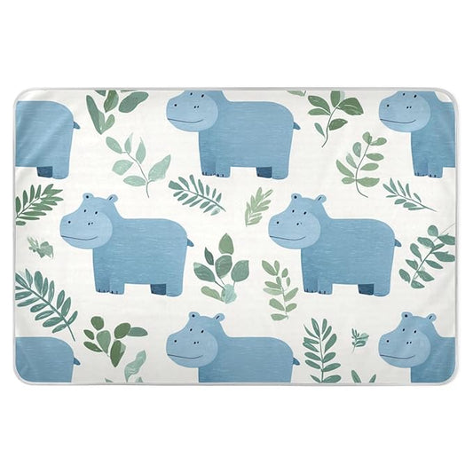 Waterproof Bed Pad Reusable Changing Pad Toddler Mattress Protector Large Pee Pad Baby Diaper Pad Soft Washable Liner Cute Hippo and Green Leaves