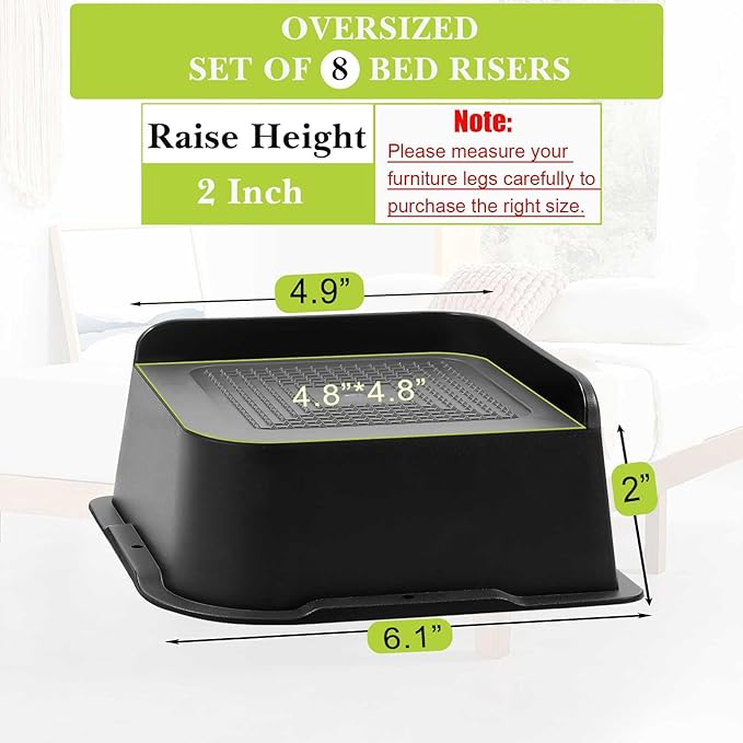 Bed Risers 2 inch, 3 inch, 4 inch, 6 inch, 8 inch Heavy Duty, Oversized Furniture Riser for Couch Sofa Table Chair Leg Frame Dorm, Support up to 6000 Lbs (Black 8 Pack, 2 inch)