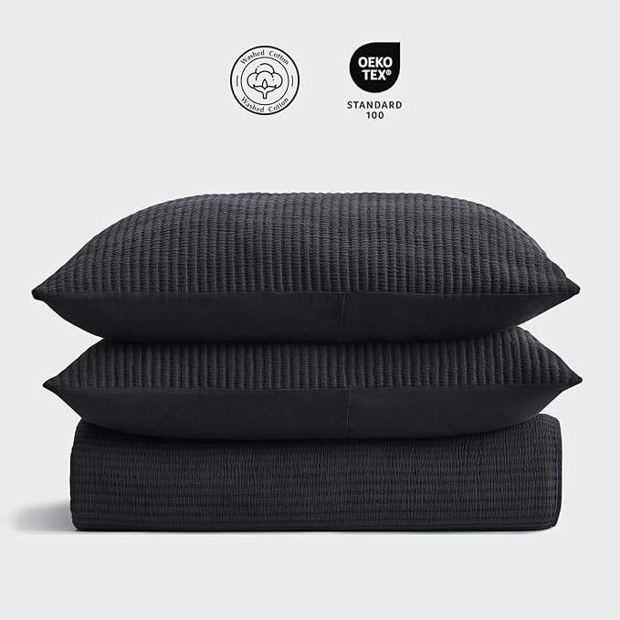 EVERGRACEHOME Cotton Coverlet Set King Size 3 Pieces, Lightweight Soft Ribbed Matelassé Bedspread Quilt Set, Cozy Oversized Quilted Bedding Set with 2 Pillow Shams for All Seasons, Washed Black