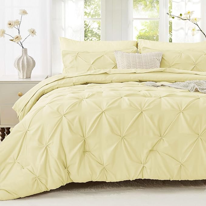 Sasttie Twin Comforter Set, 5-Piece Bed in a Bag, Pintuck Bedding Sets for All Season, Includes Comforter, Flat Sheet, Fitted Sheet, Pillowcase and Pillowsham, Cream Yellow