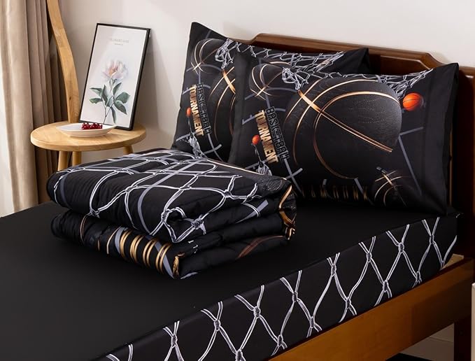 Meeting Story 3pcs Kids Comforter Set Twin Zipper Bedding Set for Boys,Ball Bedding Set Sport Comforter Set for Kid,All in one Zipper Bedding（BlackGold,Twin）