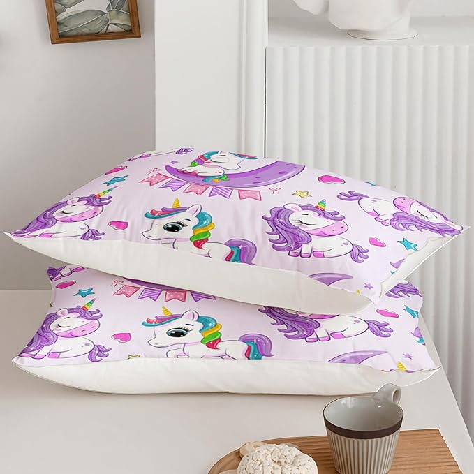 Axolotl Purple Unicorn Comforter Set Full Size, Kids Bedding Set, Cute Unicorn Rainbow Bedding Set with Stars, 3Pcs (1 Comforter + 2 Pillowcases), Unisex, Modern Style, All Seasons