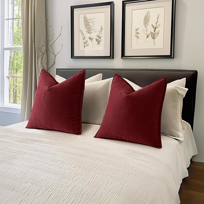 MIULEE Pack of 2 Burgundy Decorative Pillow Covers 24x24 Inch Soft Chenille Luxurious Couch Throw Pillows Farmhouse Cushion Covers Euro Shams with Elegant Design for Sofa Bed Home Decor
