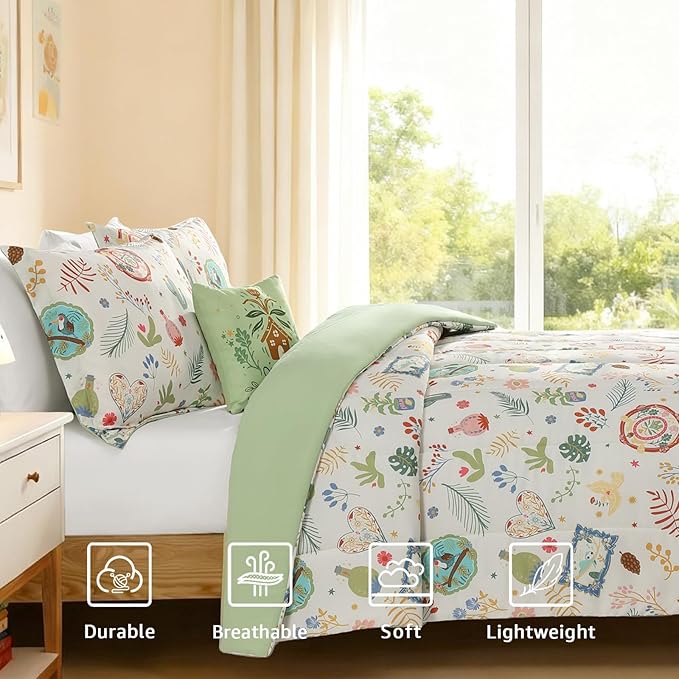 Full Size Comforter Set for Girls - 4 Pieces Forest Friends Full Bedding Sets for Kids,1 Comforter, 2 Shams and 1 Decor Pillow