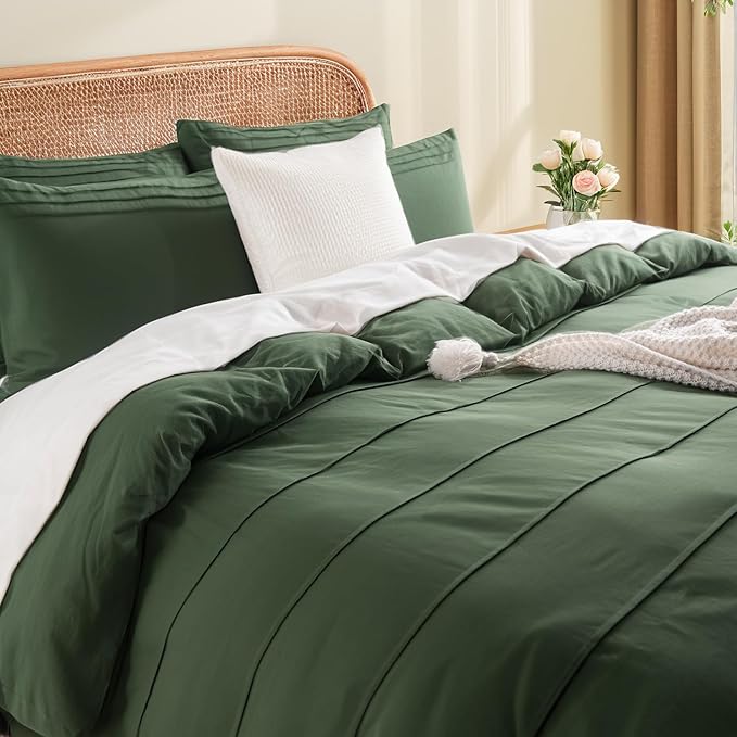 NEXHOME PRO 100% Organic Cotton Duvet Cover Full Size, Pleated Textured Duvet Cover Set Forest Green, 3pc Bedding Set with Zipper Closure, Soft, Lightweight and Breathable (80"x90", No Comforter)