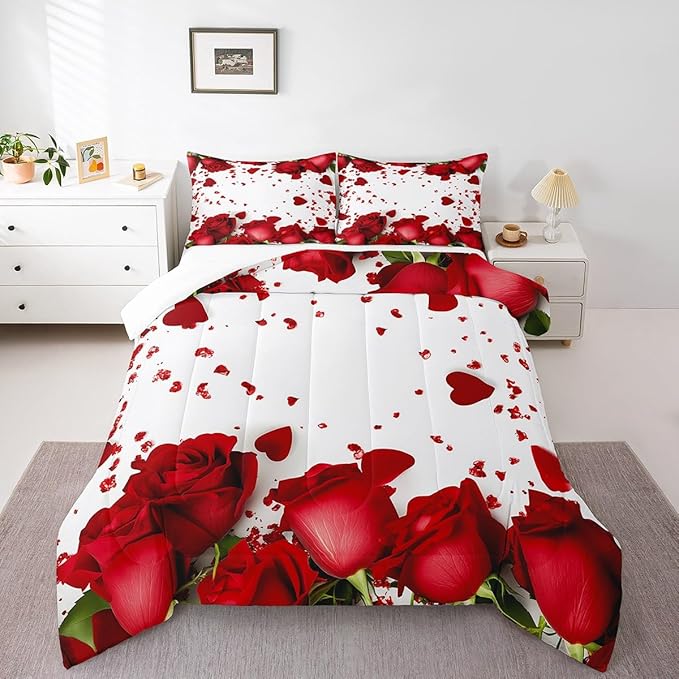 Feelyou Rose Comforter Red Rose Petals Bedding Set Floral Bouquet Botanical Design Comforter Set Romantic Flowers Duvet Set Valentine's Day Couple Lover Room Decor Quilt Twin Size Boys