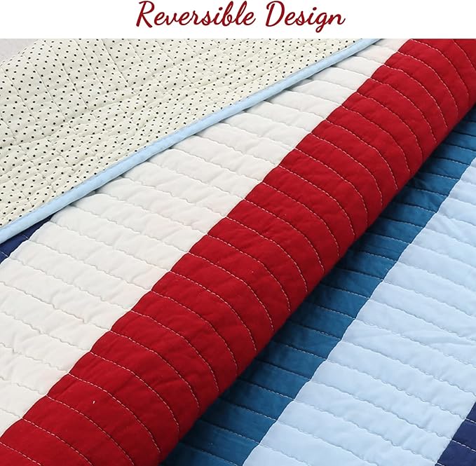 Cozy Line Home Fashions Aaron Bedding Quilt Set, Nautical Navy Blue Red Off-White Striped 100% Cotton Reversible Coverlet Bedspread Bedding Set (National Stripe, Queen - 3 Piece)
