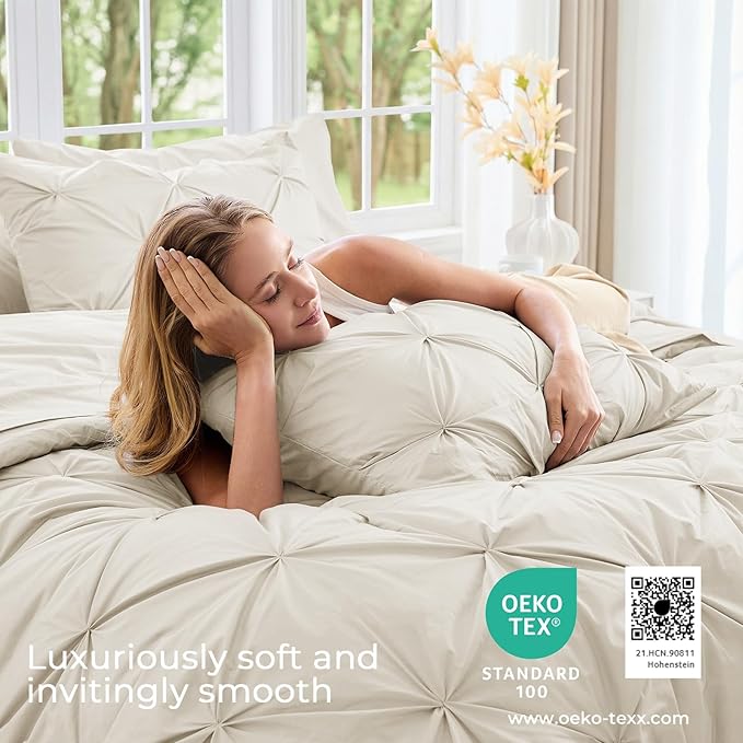 Sasttie California King Comforter Set, 7-Piece Bed in a Bag Cal King, Pintuck Bedding Set for All Season, Includes Comforter, Flat Sheet, Fitted Sheet, Pillowcases and Pillowshams, Beige