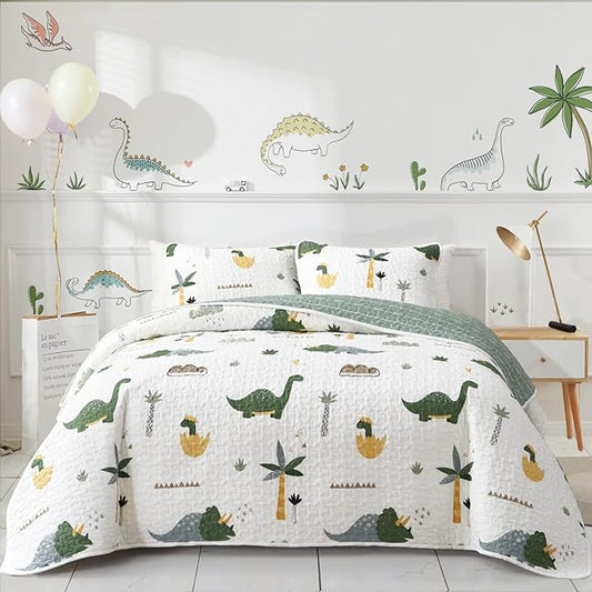 Joyreap 3-Piece Cotton Quilt Set Full/Queen, Dinosaur Theme Green Color Design for Kids Boys n Girls, Smooth Soft Quilt Bedspread Bed Cover for All Season, 1 Quilt and 2 Pillow Shams- 90x90 inches