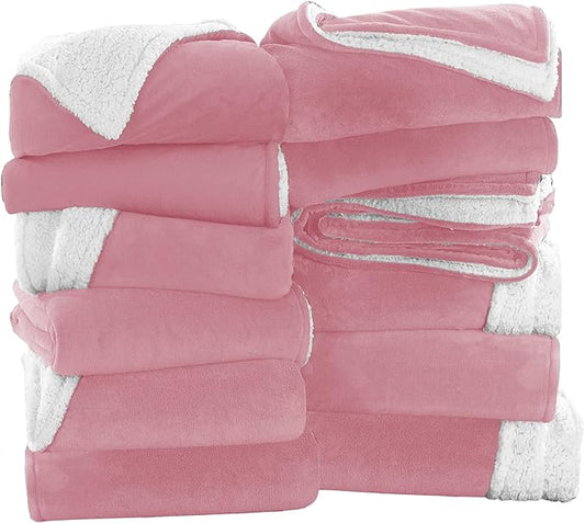 MOONLIGHT20015 Baby Pink Sherpa Fleece Throw Blanket Twin Size for Bed - Wholesale Bulk Pack of 12 Sherpa Blankets - Soft Fluffy Throw Blankets for Hotels, Guest Bedroom, 60x80 Inches