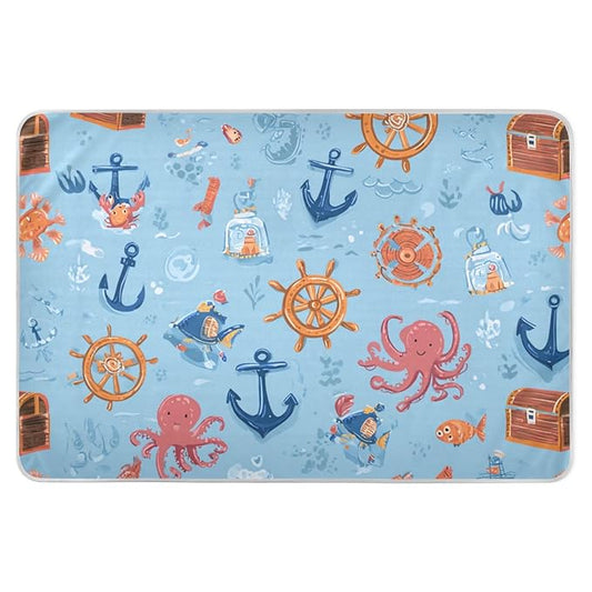 Waterproof Bed Pad Reusable Changing Pad Toddler Mattress Protector Large Pee Pad Baby Diaper Pad Soft Washable Liner Blue Pirate Treasure Box Anchors Octopus