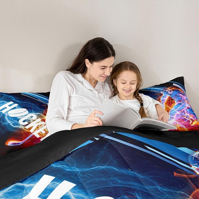 Ice Hockey Comforter Set Full, Puck Hockey Player Bedding Sets for Kids Boys Girls Teens, Red Blue Lightening Duvet Insert, Winter Sports Game Down Comforter Bedroom Decor for All Season, 3 Pieces