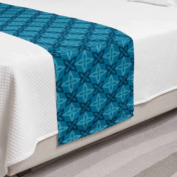 Lunarable Flower Bed Runner, Moroccan Flowers Design Geometric Blossoming Petal Pattern, Decorative Accent Bedding Scarf for Hotels Homes and Guestrooms, Twin, Ocean Blue