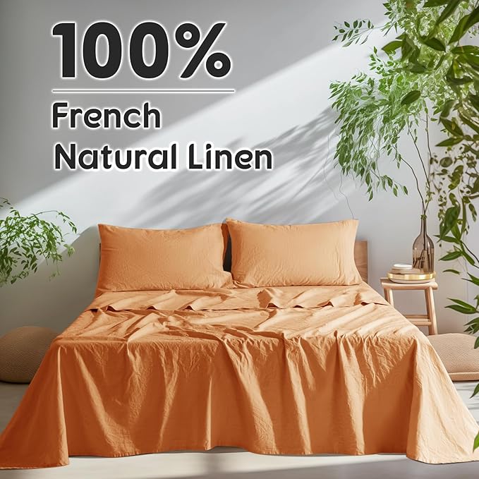 SONORO KATE 100% French Pure Linen Sheets, Breathable and Durable Linen Queen Size Sheets, Anti-Tear Linen Bed Sheets, Machine Washable, 16 Inch Deep Pocket - 4 Piece (Orange, Queen)