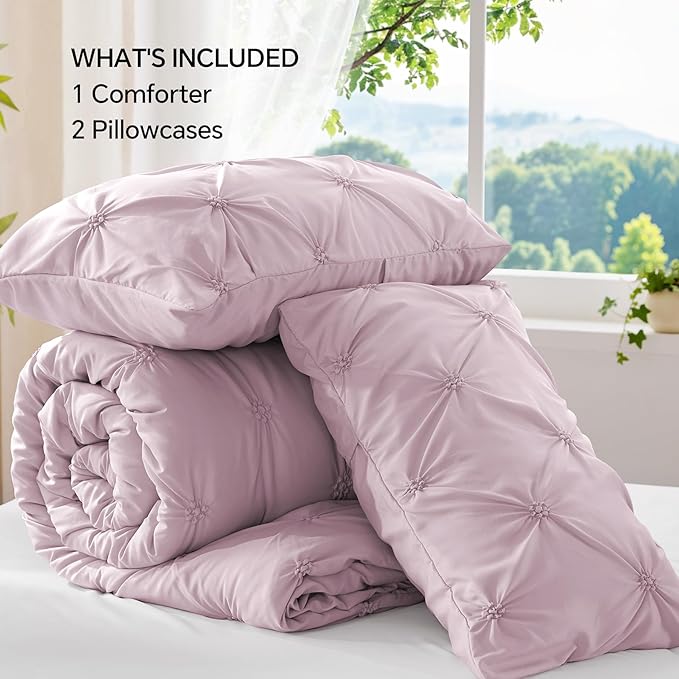 BEDELITE Light Purple Queen Comforter Set - 3 Pieces Boho Pintuck Bedding Comforter Sets, Lightweight Soft & Warm Bed Comforter Queen with 2 Pillowcases for All Season