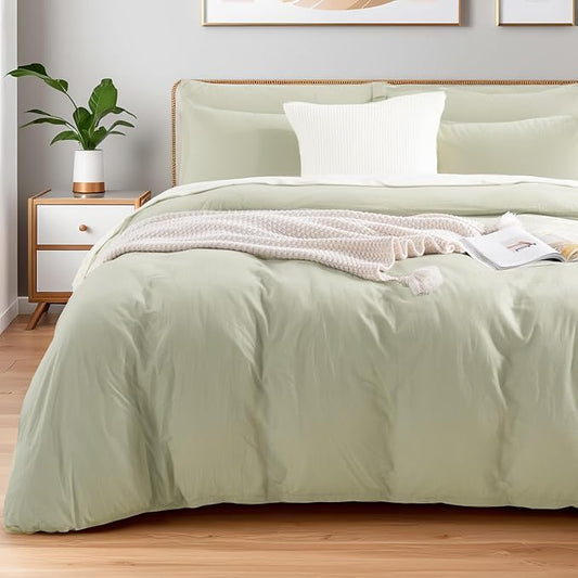 NEXHOME PRO Duvet Cover Set Oversized Queen 98"x98" Linen Feel Textured Organic Natural 100% Washed Cotton Duvet Cover 3 Pieces Bedding Set Zipper Closure, Breathable, Mint Green (No Comforter)