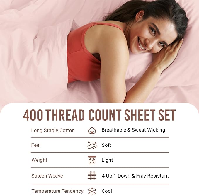 Pizuna Pure 100% Cotton Sheets Queen Size, Luxurious 400 Thread Count Long Staple Cotton Sateen Sheets with 15" Deep Pocket (Combed Light Pink Sheet Queen)