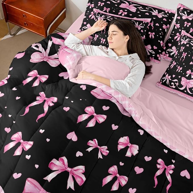 Feelyou Pink Bowknot Comforter Set King Size 7 Pieces Dreamy Princess Bedding Set for Kids Boys Girls Cute Bow Bed in a Bag with Comforter, Sheets, Pillowcases, Cushion Covers Love Hearts Quilted