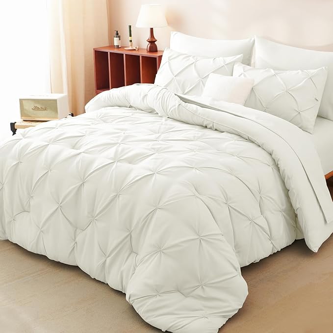 King Comforter Set Ivory, 7 Pieces Pintuck Bed in A Bag King Size Bedding, Soft Bed Set All Season Pinch Pleat Comforter Set with Sheets, Pillowcases & Shams