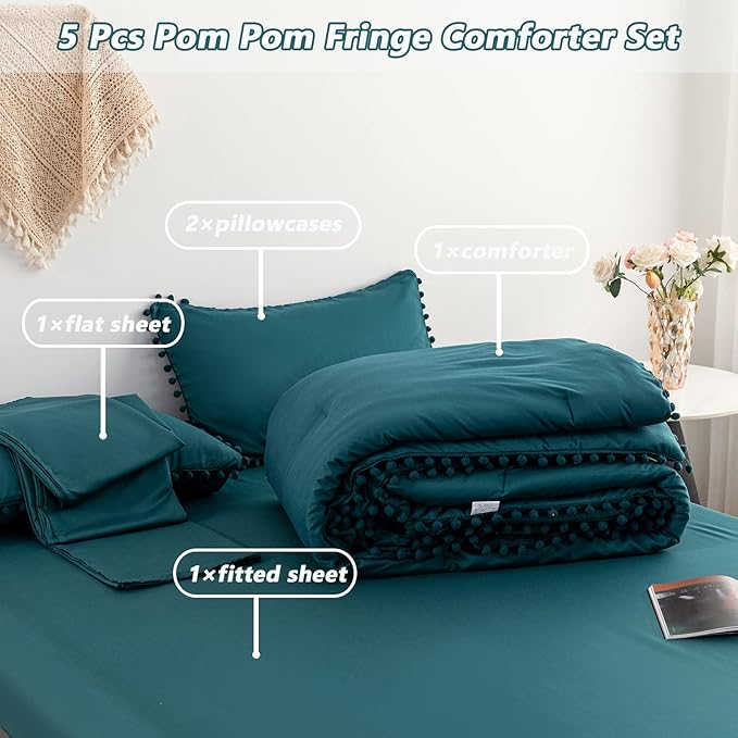 PERFEMET 5 Pcs Teal Comforter Set King Aesthetic Boho Pom Pom Fringe Comforter with Sheets Ultra Soft Cute Lightweight Bed Sets for All Season(Teal, King)