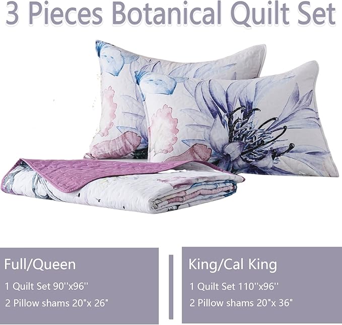 Yogeneg Full Queen Size Quilt Set,Elegant Floral Botanical Pattern Purple Bedding Set,3 Piece Lightweight Soft Summer Bedspread Coverlet with 2 PIillow Sham for All Season(Purple Floral,90"x96")