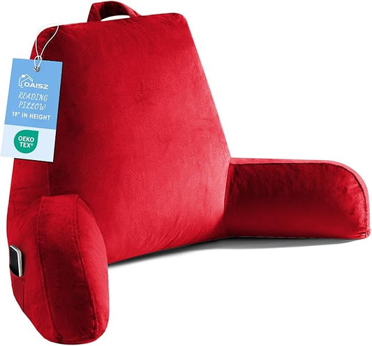 Reading Pillow for Sitting in Bed Adult, Reading Pillow with Shredded Memory Foam, Bed Pillow with Washable Cover, Back Pillow Sitting Up with Extend Arms, Red, X-Large