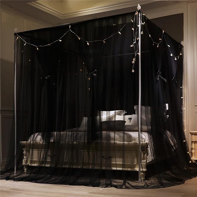 VETHIN 4 Corners Post Princess Bed Canopy Curtain Double Layer Cozy Drape Netting 4 Opening Mosquito Net for Girls & Adults Bedroom Decoration Accessories (Double Black, 53" W*78" L*82"*H/(Full))