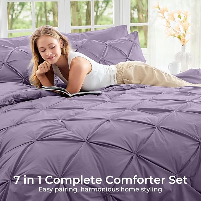 Sasttie Queen Comforter Set, 7-Piece Bed in a Bag, Pintuck Bedding Sets for All Season, Includes Comforter, Flat Sheet, Fitted Sheet, Pillowcases and Pillowshams, New Purple