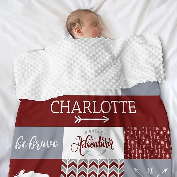 Personalized Baby Blanket, Woodland Baby Blankets for Girls, Super Soft Nursery Blankets with Cotton Front and Dotted Fleece Backing, Printed Bed Throws Newborn, Red Dahlia