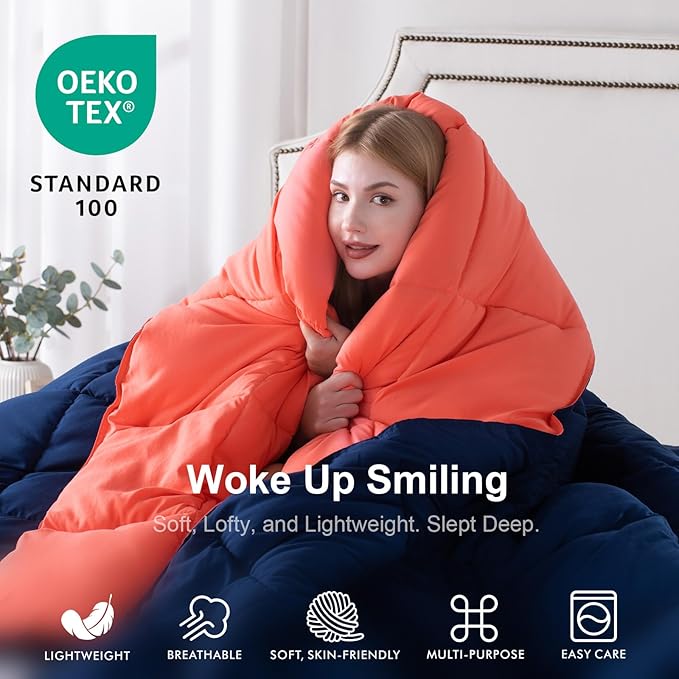 KASENTEX Queen Comforter Set – Reversible Dual Color – Goose Down Alternative – Ultra-Soft, Lightweight, Machine Washable, Maintain Fluffiness, All Season Warmth (Navy/Coral)