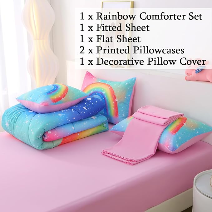 JQinHome Girls Comforter Set Full, 6 Piece Bed in A Bag 3D Colorful Rainbow Bedding Sets for Teen Girls,with Sheet Sets (Rainbow)