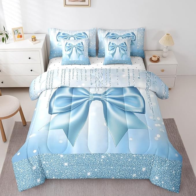 Feelyou Kids Cute Bowknot 7 Pieces Bedding Set Full Size, Dreamy Princess Comforter Set with Sheets Boys Girls Glitter Bed in A Bag Blue Bow Teens Bed Set Bedroom Decor 7Pcs