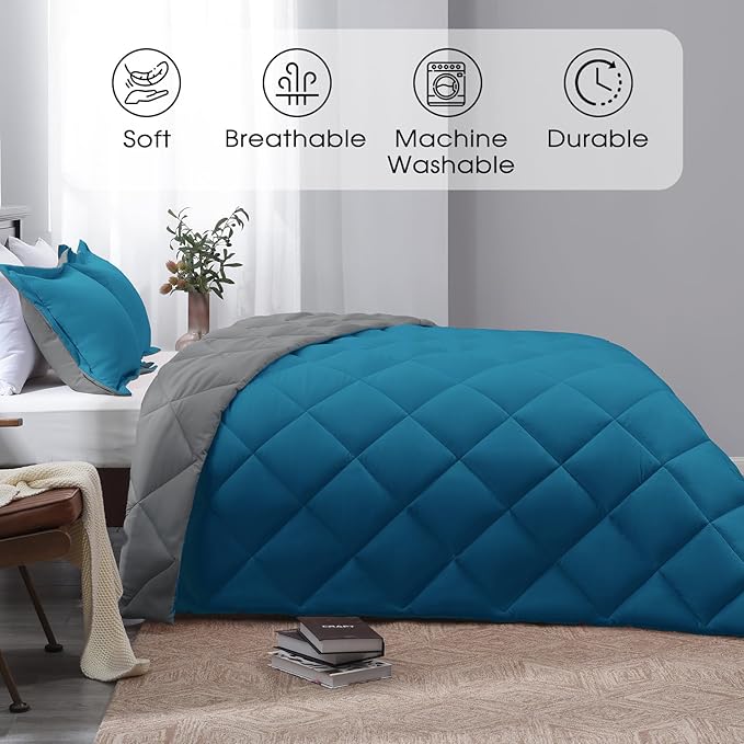 Basic Beyond King Size Comforter Set - Blue Comforter Set King, Reversible King Bed Comforter Set for All Seasons, Algiers Blue/Charcoal