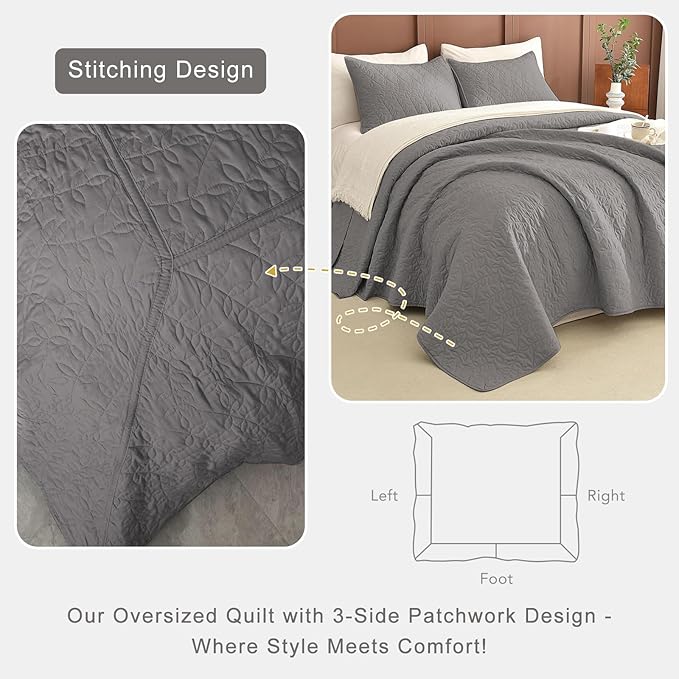 Lady Ann Gray Oversized King Bedspread 120x120, 3Pcs Extra Large Farmhouse Lightweight King Quilt Bedding Set Gray Soft Quilted Leaves Pattern Printed Bedspreads for All Season