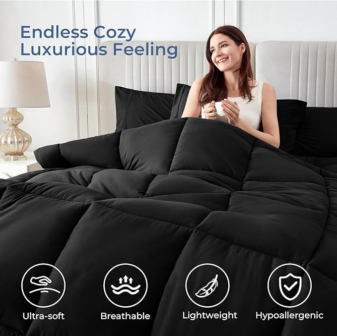 Sasttie King Size Comforter Set Black, 7 Pieces Bed in a Bag King, Complete Bedding Set Includes Comforter, Flat Sheet, Fitted Sheet, Pillowcases and Pillow Shams, Black